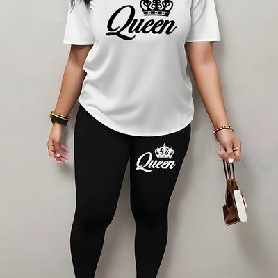 "TEMU Women's "queen" Graphic Print & Leggings Two-piece Set - Casual, Short Sleeve, Polyester, Spring/summer Casual Wear, Casual Wear | | Polyester Fabric" Image