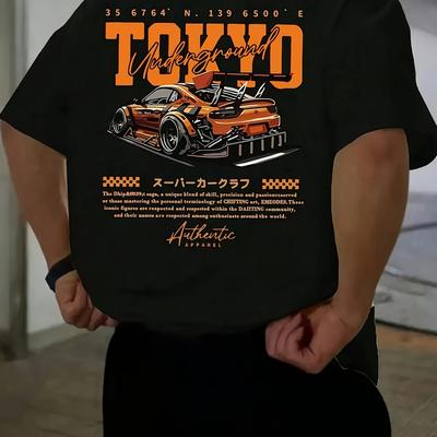 "TEMU Men's Casual Short Sleeve T-shirt - 100% Polyester, Relaxed Fit, Round Neck, "tokyo" , Lightweight For Outdoor Activities, Casual Attire | Relaxed Fit Shirt | Shirt" Image