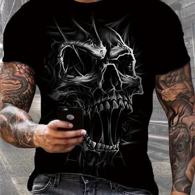 TEMU Plus Size Graphic Print Tees - Edgy Skull & Lightning Bolt Design, Stretchy Fit, Breathable Short Sleeve T-shirt For , Casual Wear, Design Shirt, Medium Elasticity Fabric Image