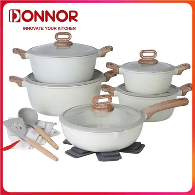 DONNOR Pot and Pan Set Non stick Frying pan 15/16Pcs Cookware Milk pot Soup pot Kitchen Cooking Set Gas stove induction cooker