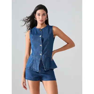 New Women Casual Denim Vest Sleeveless Button-Up Waistcoat Vest Solid Color Back Slit Jean Jacket Vest Female Clothes Streetwear