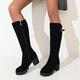 Wide Calf Boots for Women Soft Sole Platform Boots Mid Calf Elastic Chunky Block Heel Leather Knee High Knight Booties Round Toe High Boots (Black 4)