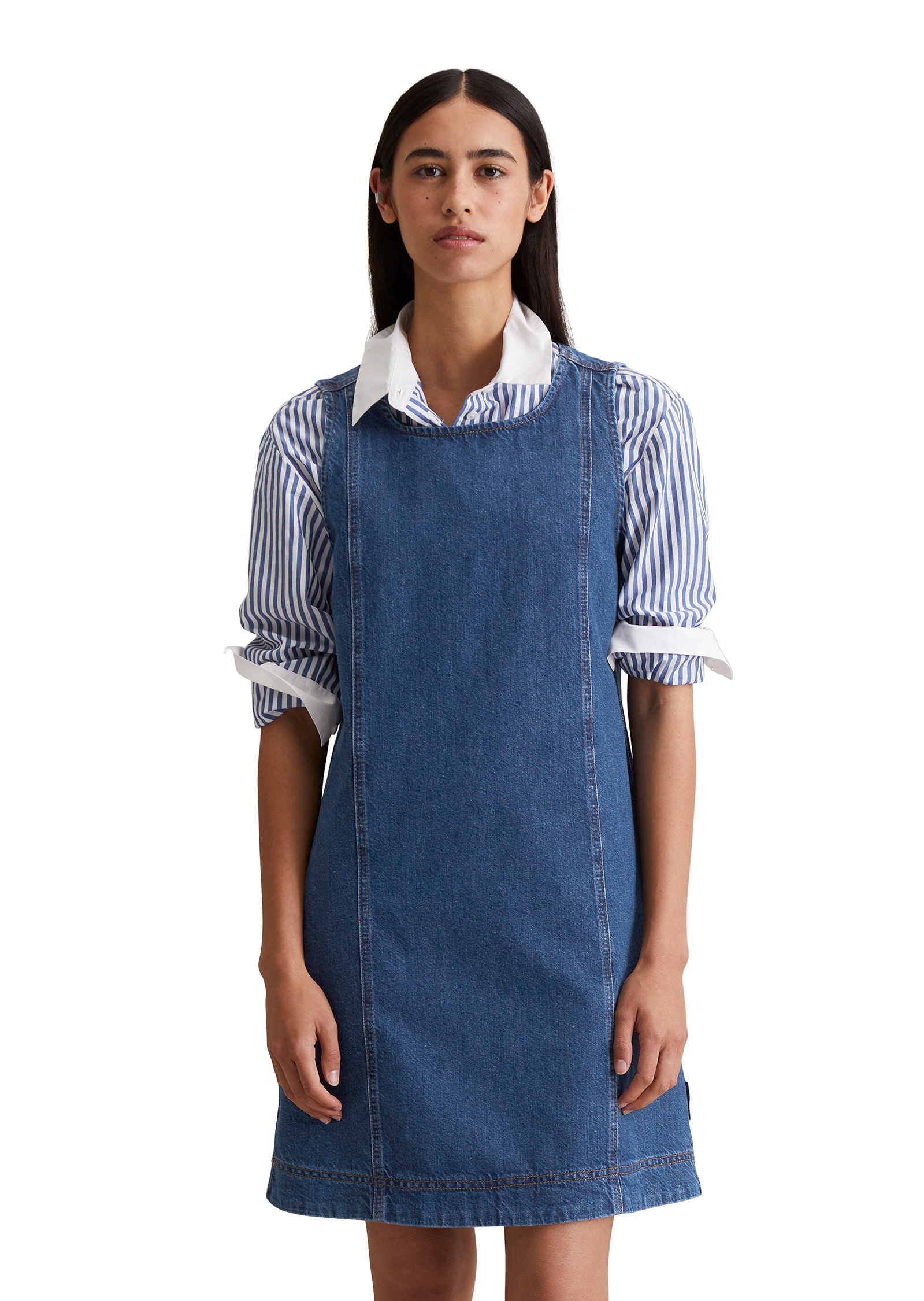 Jeanskleid MARC O'POLO DENIM "aus reinem Organic Cotton", Damen, Gr. L, Normalgrößen, blau (dunkelblau), Obermaterial: 100% Baumwolle, unifarben, regular fit kurz, Rundhals, paspeliert, Kleider Image