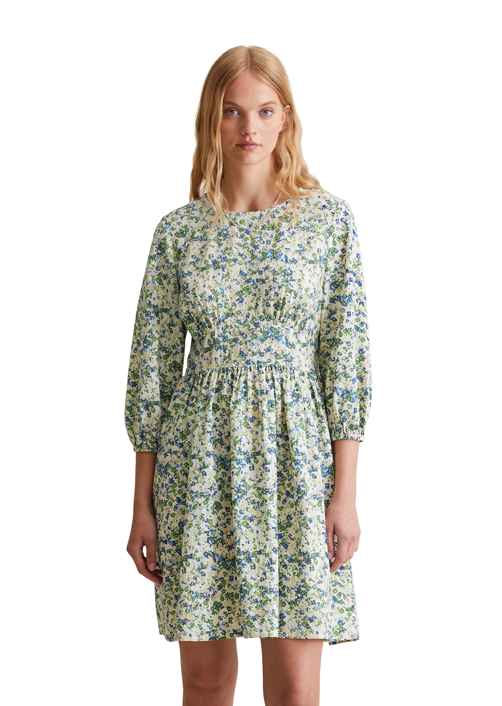 Druckkleid MARC O'POLO DENIM "aus LENZING™ ECOVERO™-Mix", Damen, Gr. S, Normalgrößen, blau (medium blau), Obermaterial: 73% Viskose, 27% Baumwolle, bedruckt, regular fit knielang, Rundhals, Kleider Druckkleid