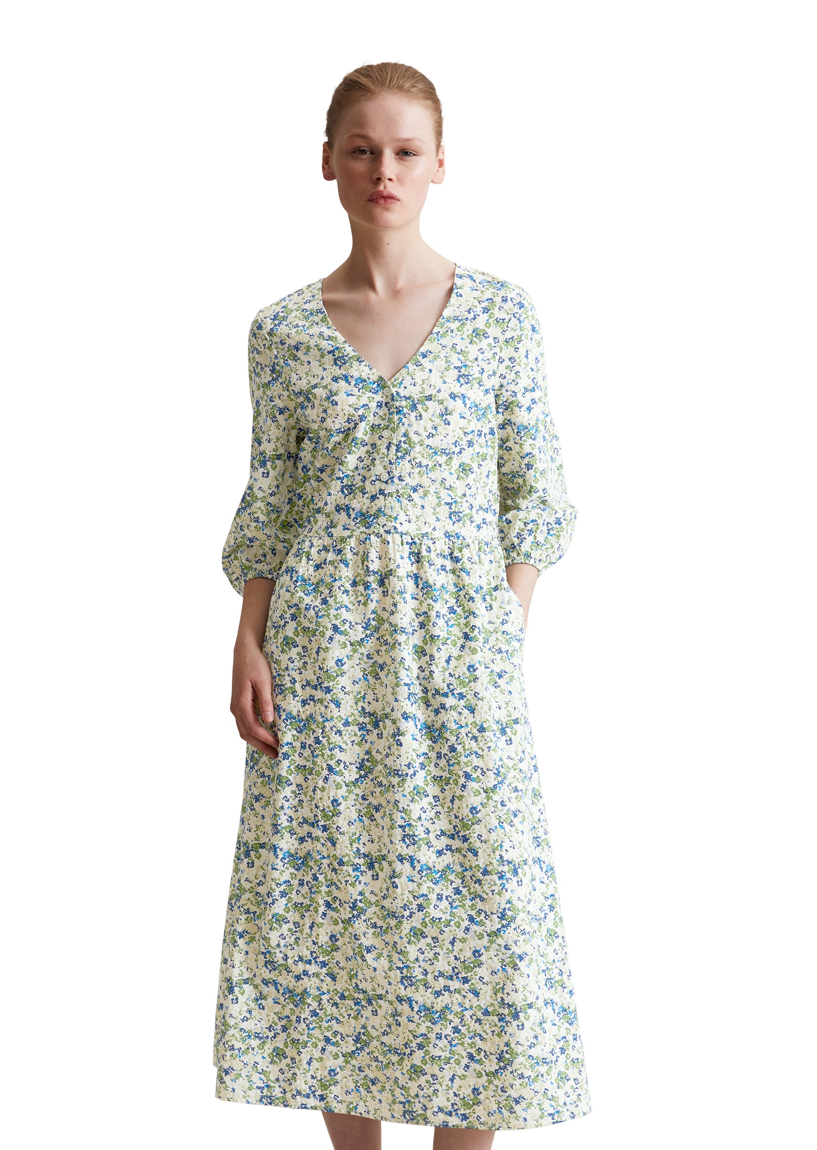 Druckkleid MARC O'POLO DENIM "aus Viskose-Mix mit Seersucker-Effekt", Damen, Gr. XL, Normalgrößen, blau (medium blau), Obermaterial: 73% Viskose, 27% Baumwolle, unifarben, regular fit wadenlang, V-Ausschnitt, elastischer Bund, Kleider Druckkleid