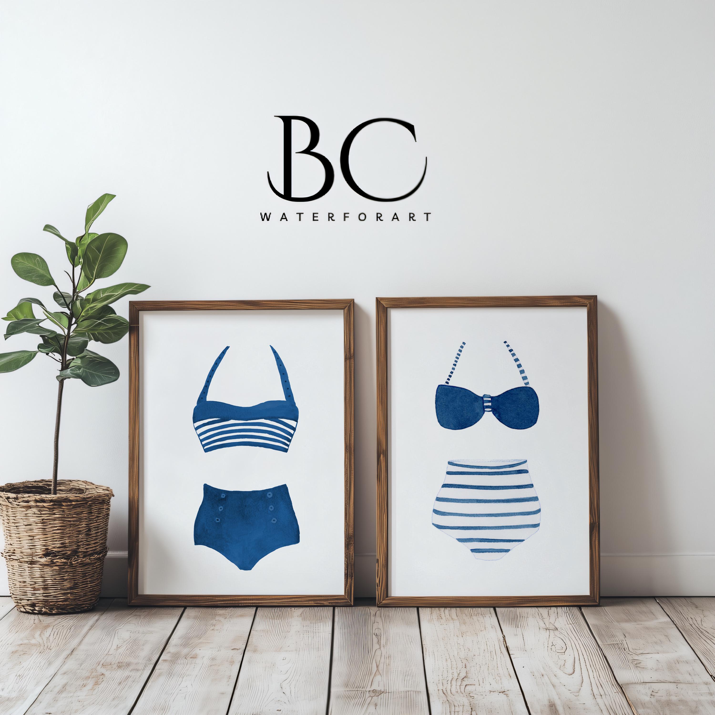 Vintage Badeanzug Print Set, marineblauer und weißer Badeanzug Kunstdruck, Strand Haus Dekor, See Haus Wand Kunst, Kinderzimmer Dekor