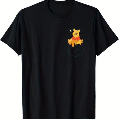 TEMU Winnie The In Men's Casual T-shirt - Black Short Sleeve Summer Tee With Chest Honey Pot Graphic, Regular Fit Round Neck, Machine Washable, Shirt Image