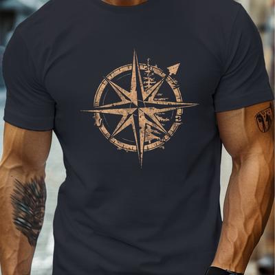 TEMU Men's Distressed Compass Rose Print T-shirt - Casual Crew Neck, Short Sleeve, Lightweight & Comfy For Summer Image