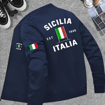 TEMU Men's Sicily Italy Flag Print Baseball Jacket - Navy Blue Zip-up Casual Coat With 1839 Heritage Design, Machine Washable Polyester, Regular Fit & Pockets Image