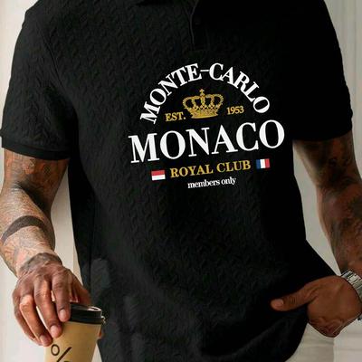 TEMU Men's Monaco Print Shirt - Black Short Sleeve Button-up With Collar, Summer Casual Wear, Machine Washable, Slim Fit, Monaco Design Image