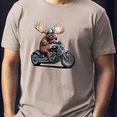 TEMU Men's Moose Biker Graphic T-shirt, Casual Crew Neck, 100% Polyester Knit Fabric, Stretch, Regular Fit, Geometric Pattern, Summer Top, 150gsm - White Image