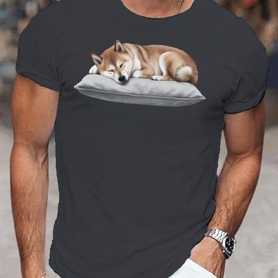 TEMU Inu Sleeping Print Slim Fit Short-sleeve, Simple T-shirt For Summer, Men's Round Neck Short-sleeve T-shirt, Casual T-shirt, Casual Comfortable Top Image