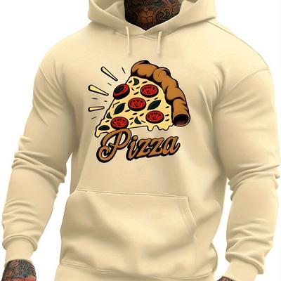 TEMU Men's Casual Pizza Print Hoodie, 100% Polyester Long Sleeve Sweatshirt, Winter Warm Knit Fabric With Stretch, Regular Fit Hooded Top, Gift For Youth And Men Image