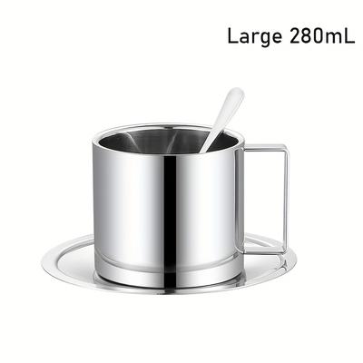 TEMU 3pcs Set 304 Stainless Steel European Style Coffee Cup With Coffee Spoon With Cup And Saucer Coffee Cup Set Double-layer Heat Insulation Milk Cup European Hotel Coffee Cup Coffee Utensils Image