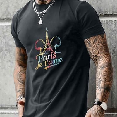 "TEMU 1pc Men's Casual Crew Neck T-shirt With Paris "je T'" Illustration - Polyester Knit Fabric With Stretch, Geometric Pattern, Regular Fit For Summer" Image