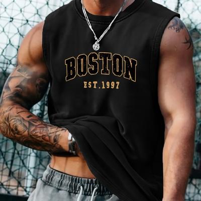 TEMU Men's Boston Est. 1997 Graphic Sleeveless Tank Top - Black With Golden Lettering, Casual Round Neck Muscle Shirt For Gym & Casual Attire, Image