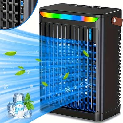 TEMU Portable Air Conditioner Mobile Mini Fan, Evaporative Cooler And Humidifier, 3-speed Fan, Personal Cooling, Adjustable Rotating Fan, Timer, And 7led Light, Suitable For Home Office - White/black Image