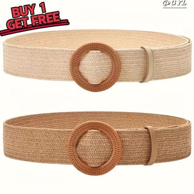 TEMU 2pcs Bohemian Elastic Straw Belts With Classic Round - Wide Waist Belts For Jeans Dresses, Summer Beach & Weddings, Casual To Formal Occasions Image