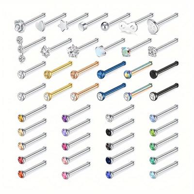 TEMU 45pcs Nose Studs Colorful Y2k Classic Nose Piercing Straight Nostril Piercing Jewelry Stainless Steel