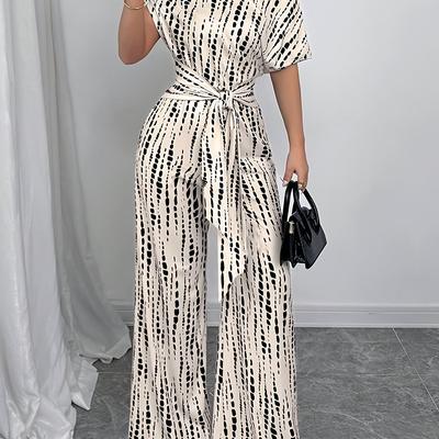 TEMU Elegant Off-shoulder Geometric Print Jumpsuit For Women - V-neck, Wide-leg Design, Black & White Pattern, All , Adult Fashion, Elegant Attire | Offshoulder Jumpsuit | Polyester Jumpsuit Image