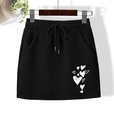 TEMU Heart Printed Bodycon Mini Skirt - Drawstring Waist, Pockets, Flattering - Womens Image