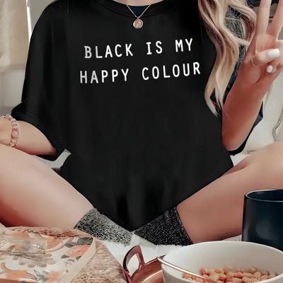"TEMU Plus Size - Women's Plus Size "black Is My " T-shirt - Casual Crew Neck, Stretchy Polyester Blend, Machine Washable, Ideal For Summer & Layering, Casual Wear Tee | Shirt | , Plus Size" Image