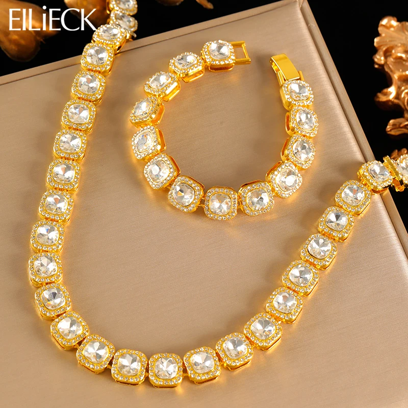 EILIECK Große Zirkon Dicke Kubanische Kette Halskette Armband Set Für Frauen Neue Punk 18K Gold Überzogene Wasserdichte Schmuck Geschenk bijoux