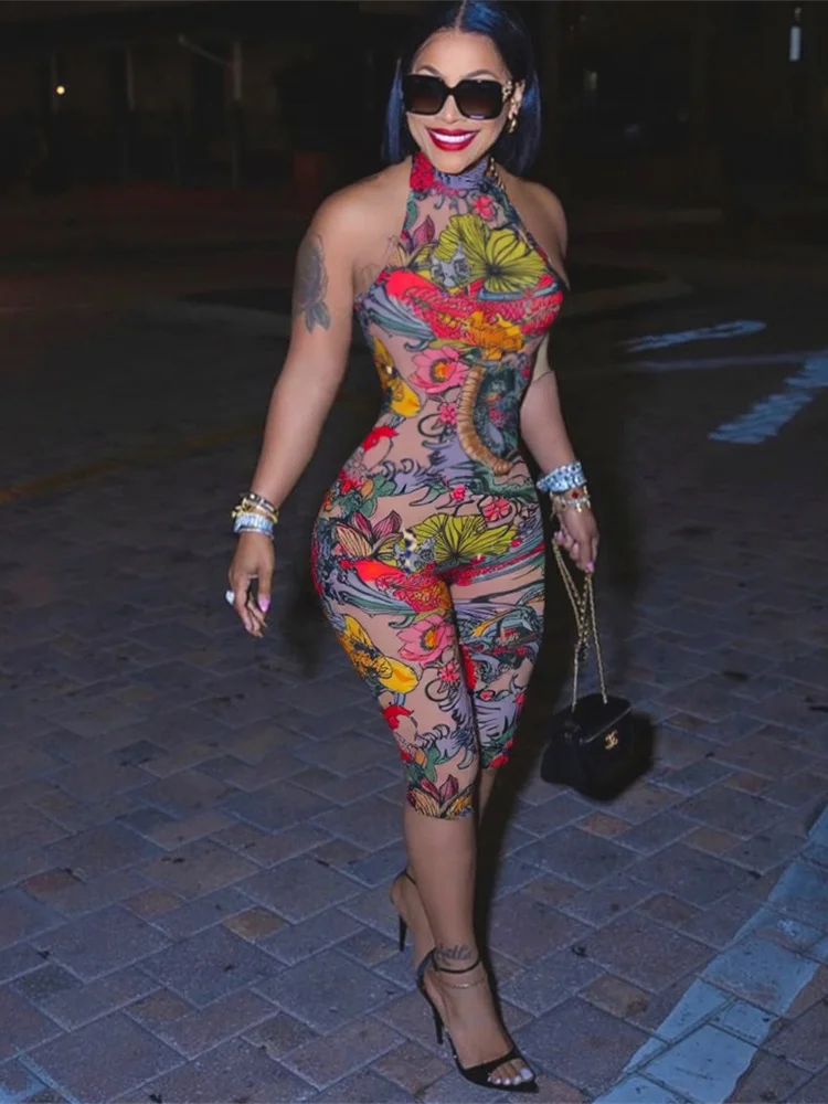 Nibber Halter Sommer Trend Rückenfreier Strampler Damen Bandage Leopardenmuster Fit Enge Stretch Sexy Hipster Aktivität Workout Playsuits Image