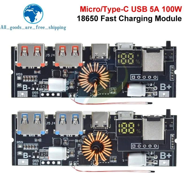 TZT QC4.0 QC3.0 LED Dual USB PD Schnellladung 5 A 100 W Micro/Typ-C USB Mobile Power Bank 18650 Lademodul Image