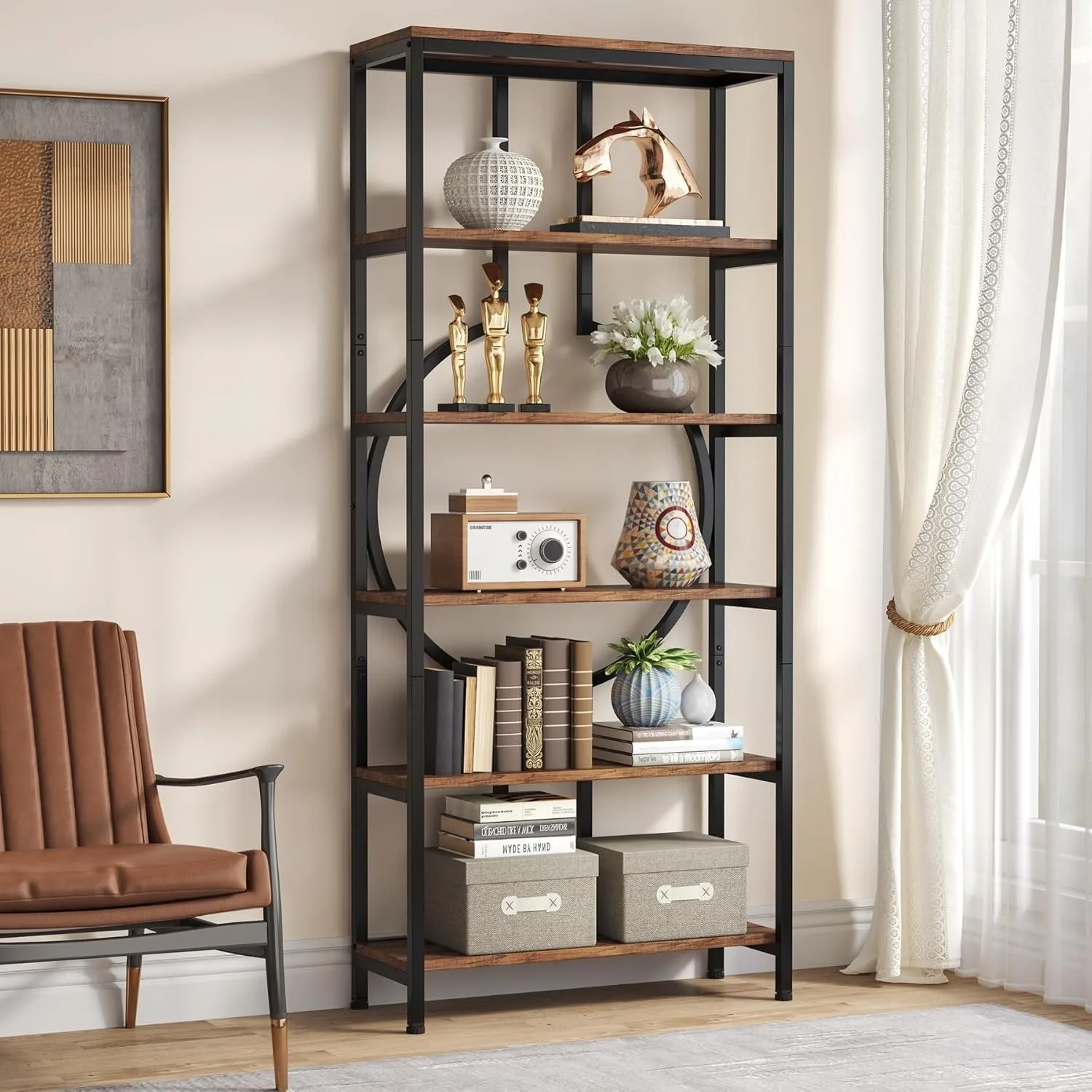 70,9-Zoll-Industrie-Bücherregal, 6-stufiges hohes Etagere-Bücherregal mit offenen Regalen, dekoratives Bücherregal, rustikales Braun