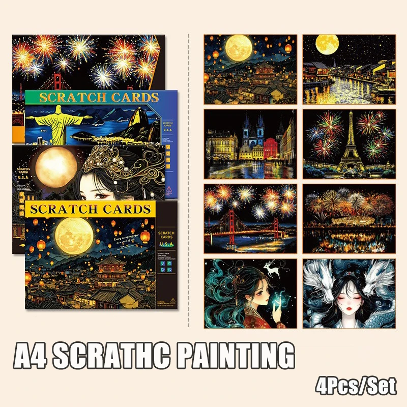 4 Teile/satz A4 DIY Kratzmalerei Städtische Architekturlandschaft Landschaft Charakter Illustration Nachtansicht Kratzmalerei Spielzeug Image