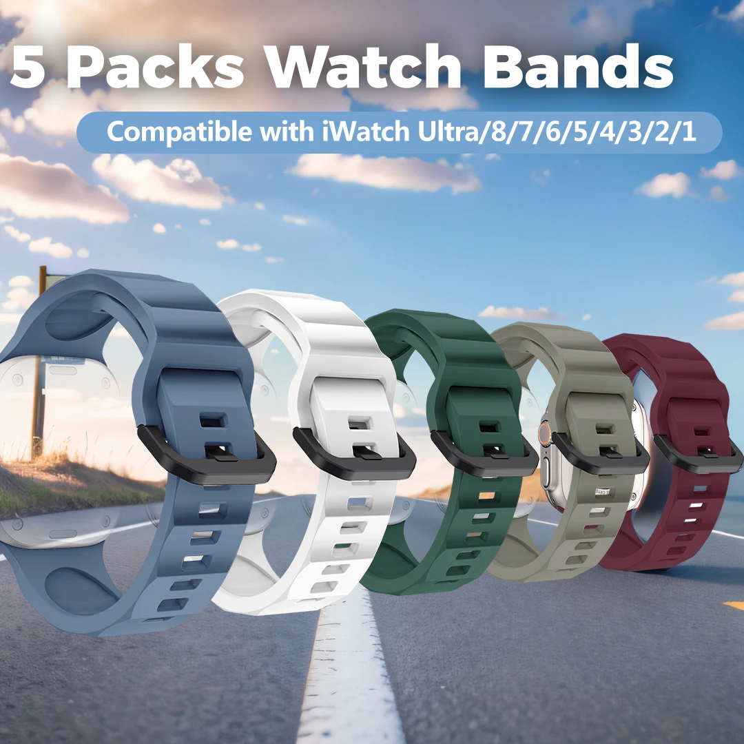 5 sportliche Silikonbänder für Apple Watch Ultra 49 mm 45 mm 46 mm 44 mm 40 mm 41 38 mm iWatch Serie 10 9 8 7 6 5 4 SE Image