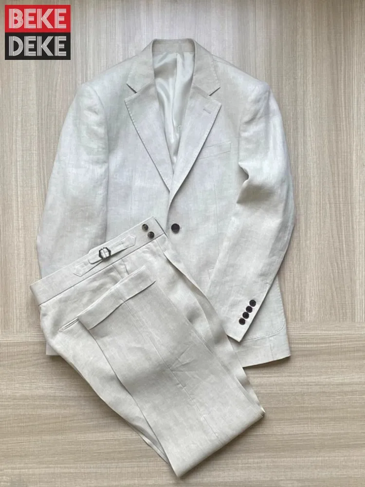 Männer Dünne Slim Fit Top Qualität Beige Weiß Leinen Anzüge Passenden Sets Frühling Sommer Bequeme Zwei Stück Set Casual Outfits 2025