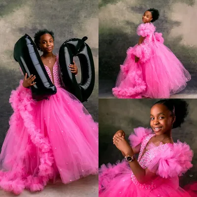 Prinzessin rosa Blumenmädchenkleider für Hochzeit Rüschen Kristall Mädchen Kinder Geburtstag Image