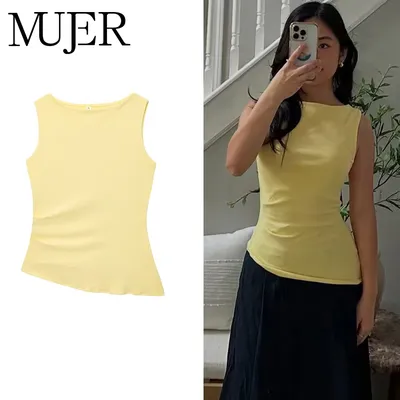 MUJER Yellow Ruched Top Woman Asymmetric Tanks Tops for Women 2025 Summer Sleeveless Top Female Casual Beach Women's Tops