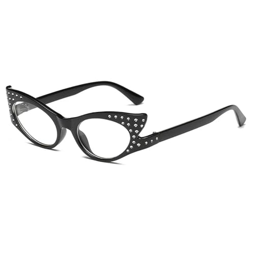 Diamond Cat Eye Sunglasses Fashion Rhinestones Female Vintage Small Frame Eyewear Uv400(Black-Clear)