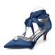 Womens Pearl Ankle Strap Pumps Low Kitten Heel with Bow Bridal Heels for Women Prom Evening Party Dress Shoes Pumps,Dark Blue,4.5 UK