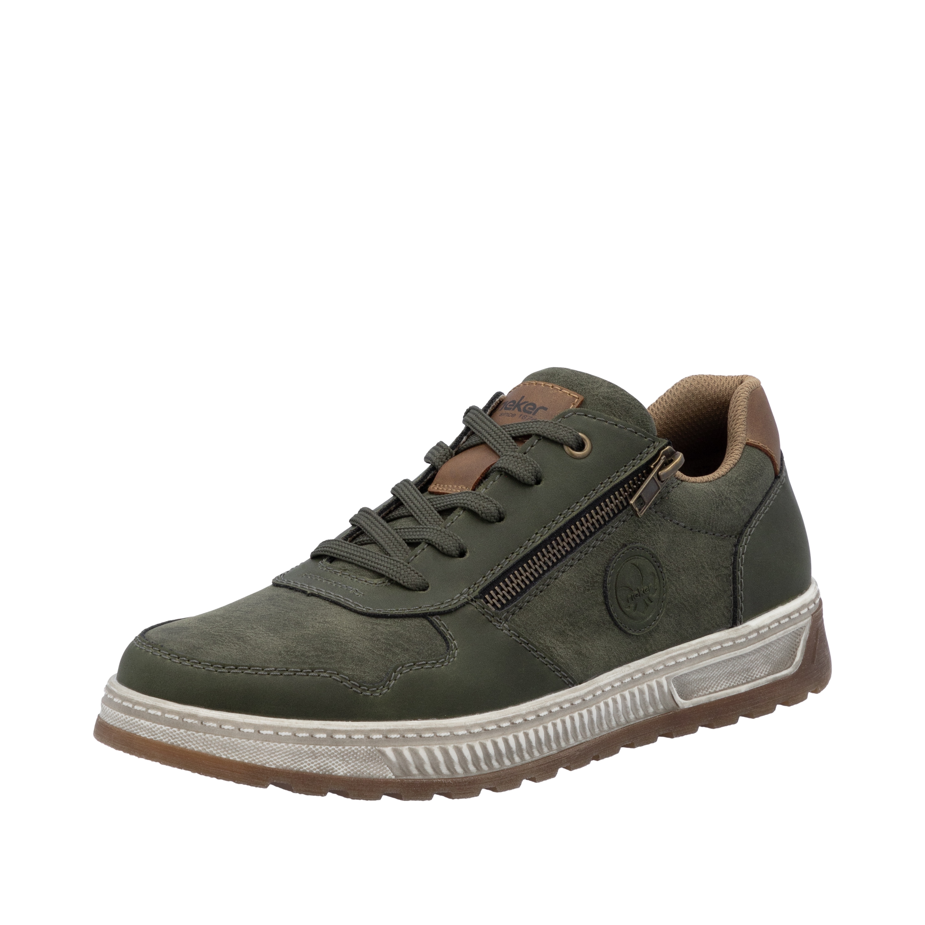 Sneaker RIEKER, Herren, Gr. 45, grün (khaki, braun), Lederimitat, unifarben mit Farbeinsatz, Schuhe Sneaker, Freizeitschuh, Halbschuh, Schnürschuh mit Kontrastbesatz