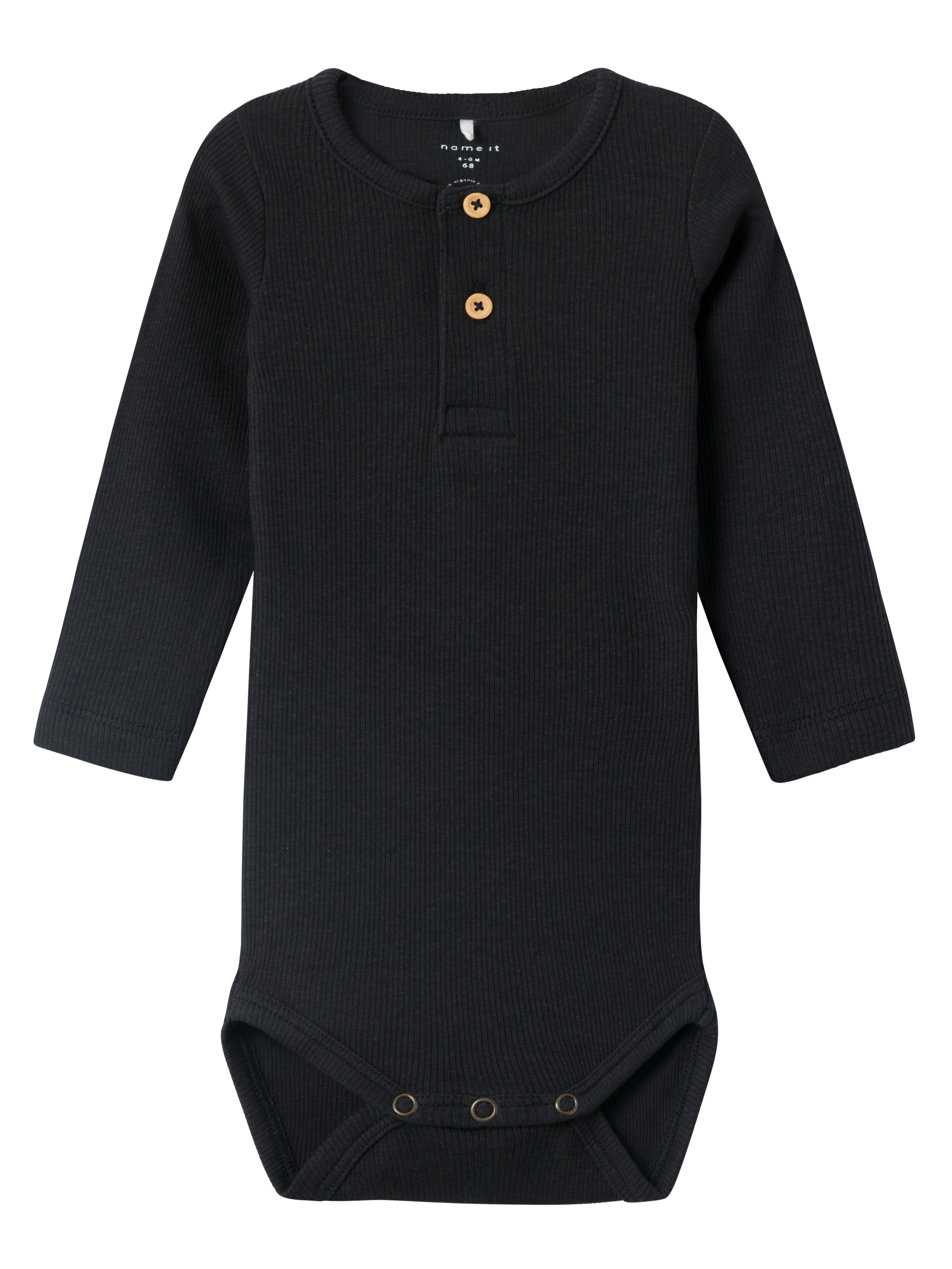 Langarmbody NAME IT "NBMKAB LS BODY NOOS", Baby, Gr. 80, N-Gr, schwarz, Jersey, Obermaterial: 57% Baumwolle, 38% Modal, 5% Elasthan, unifarben, Casual, regular fit, Rundhals, Bodys Image