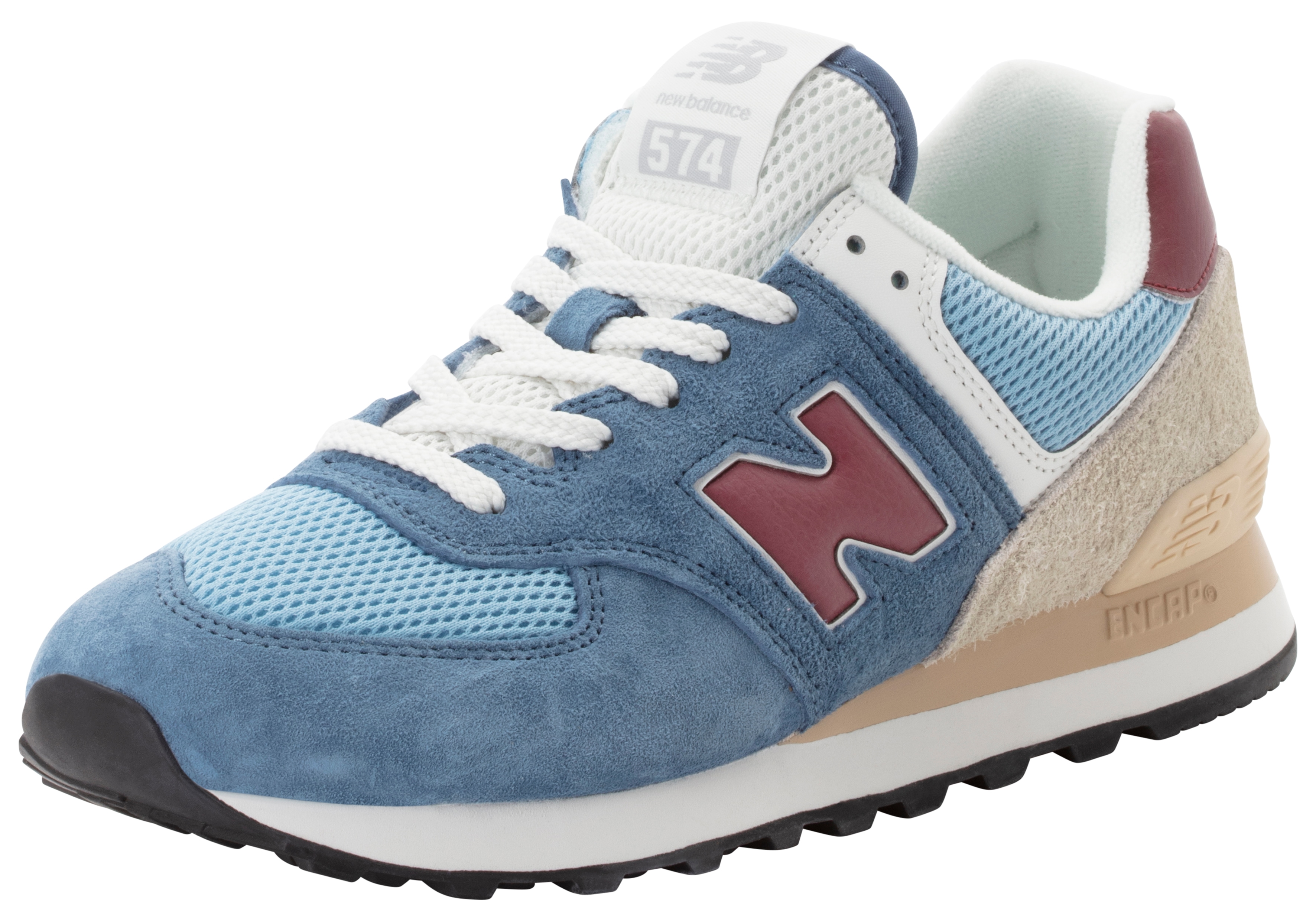 Sneaker NEW BALANCE "574", Damen, Gr. 43, blau (shoreline blau, stillwater), Leder, Textil, mehrfarbig, Schuhe Sneaker