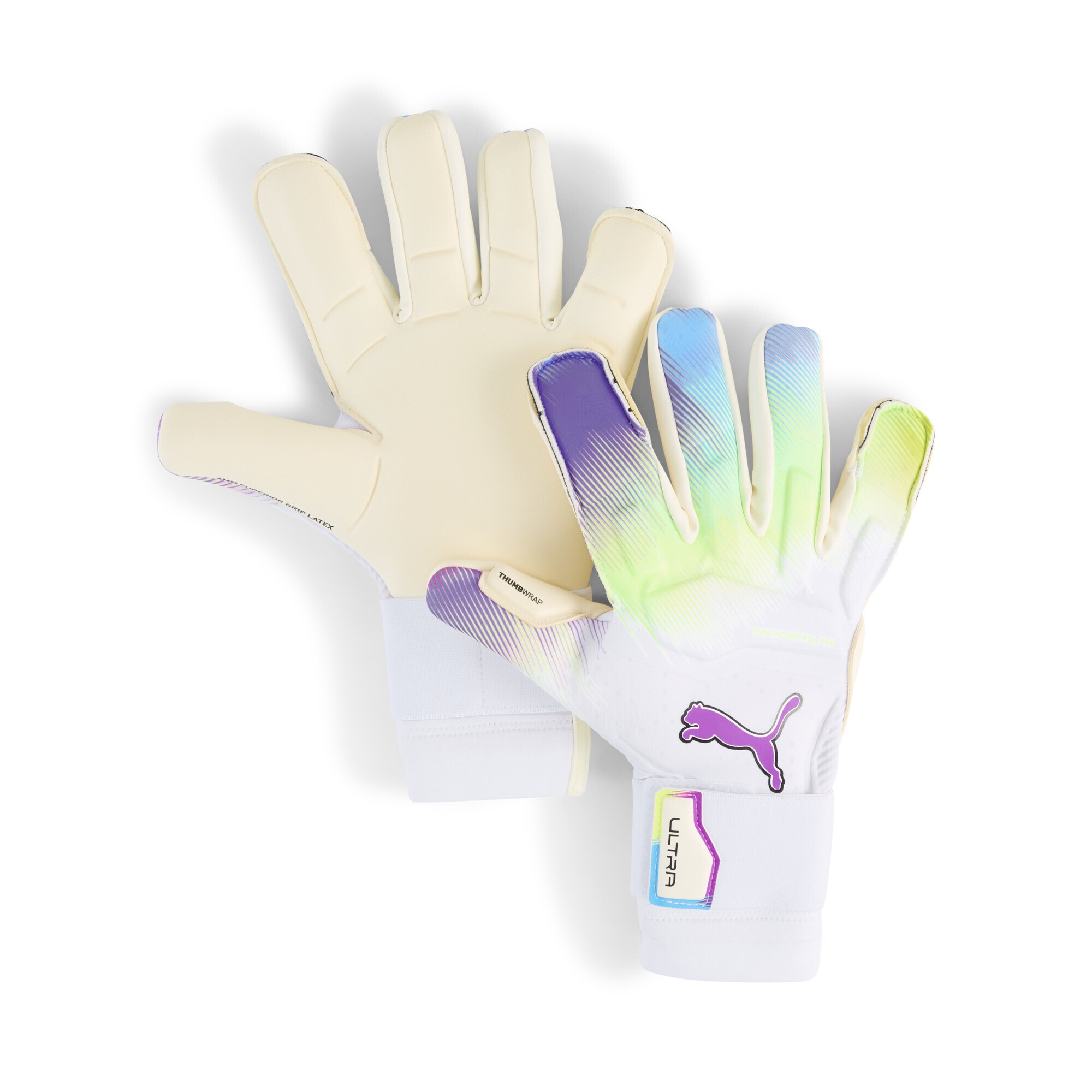 Torwarthandschuhe PUMA "PUMA ULTRA Ultimate BRILLIANCE Hybrid Torwarthandschuhe Unisex", Damen, Gr. 9, gelb (weiß pure magenta fizzy apple lila gelb), Obermaterial: 95% Polyester, 5% Elasthan; Handgelenkschoner: 23% Elasthan, 77% Polyester;... Image