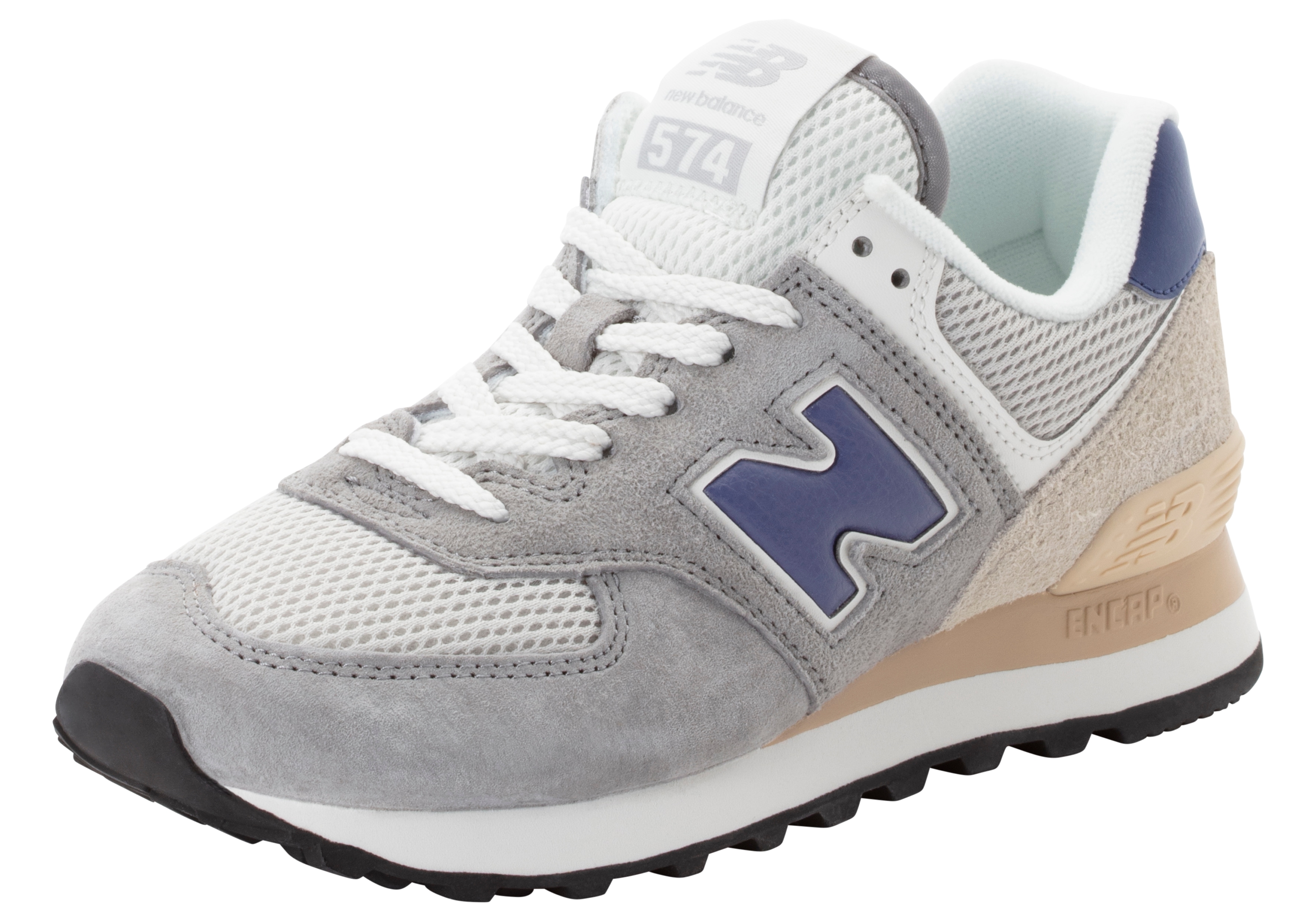 Sneaker NEW BALANCE "574", Damen, Gr. 40,5, grau (slate grau, rain cloud), Leder, Textil, mehrfarbig, Schuhe Sneaker