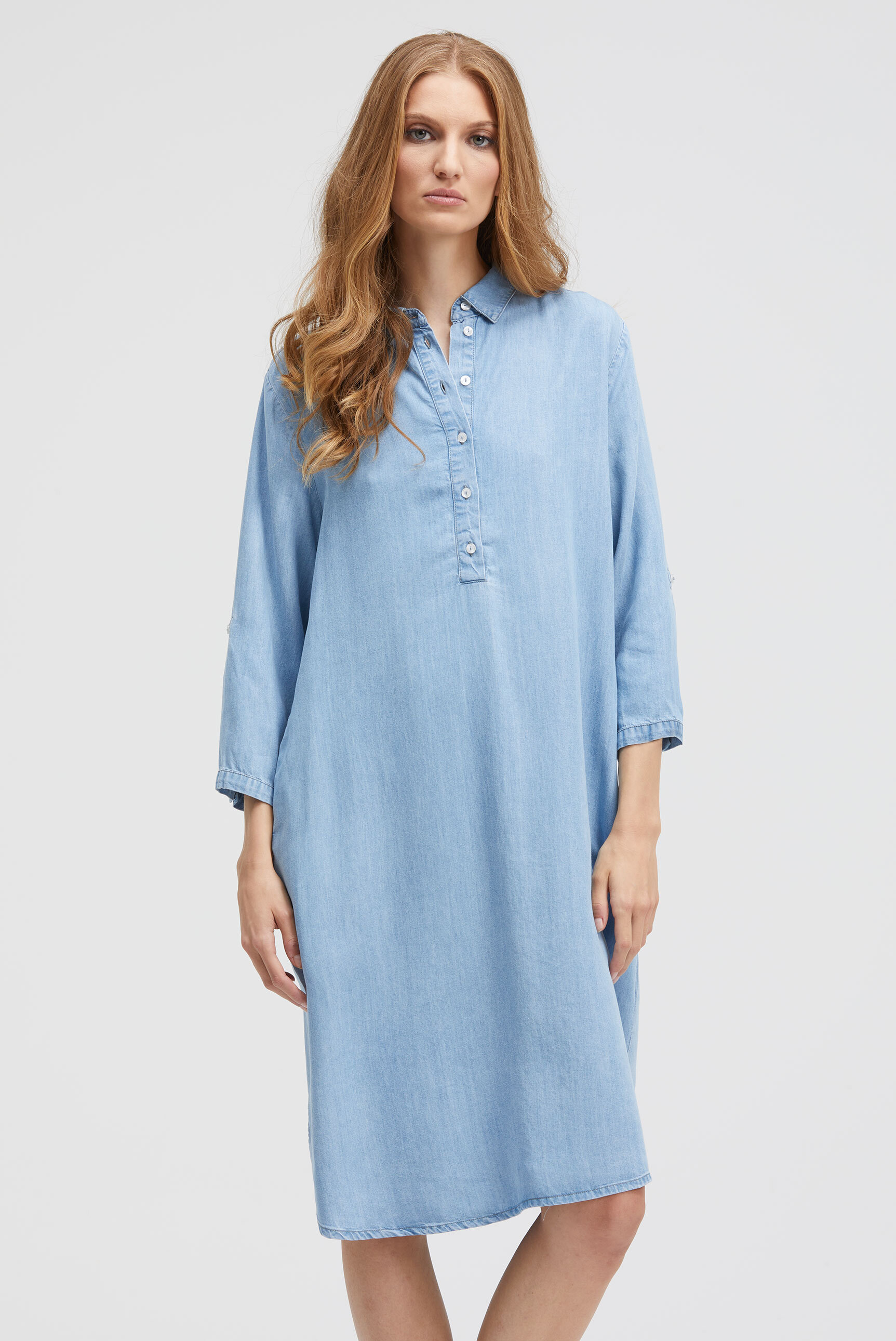 Sommerkleid SMITH & SOUL, Damen, Gr. M, US-Größen, blau (denim), Material: 100% Lyocell, bestickt, regular fit Midi, hoch geschlossener Ausschnitt, mit Riegel Umschlagbund, Kleider, mit Taschen Image