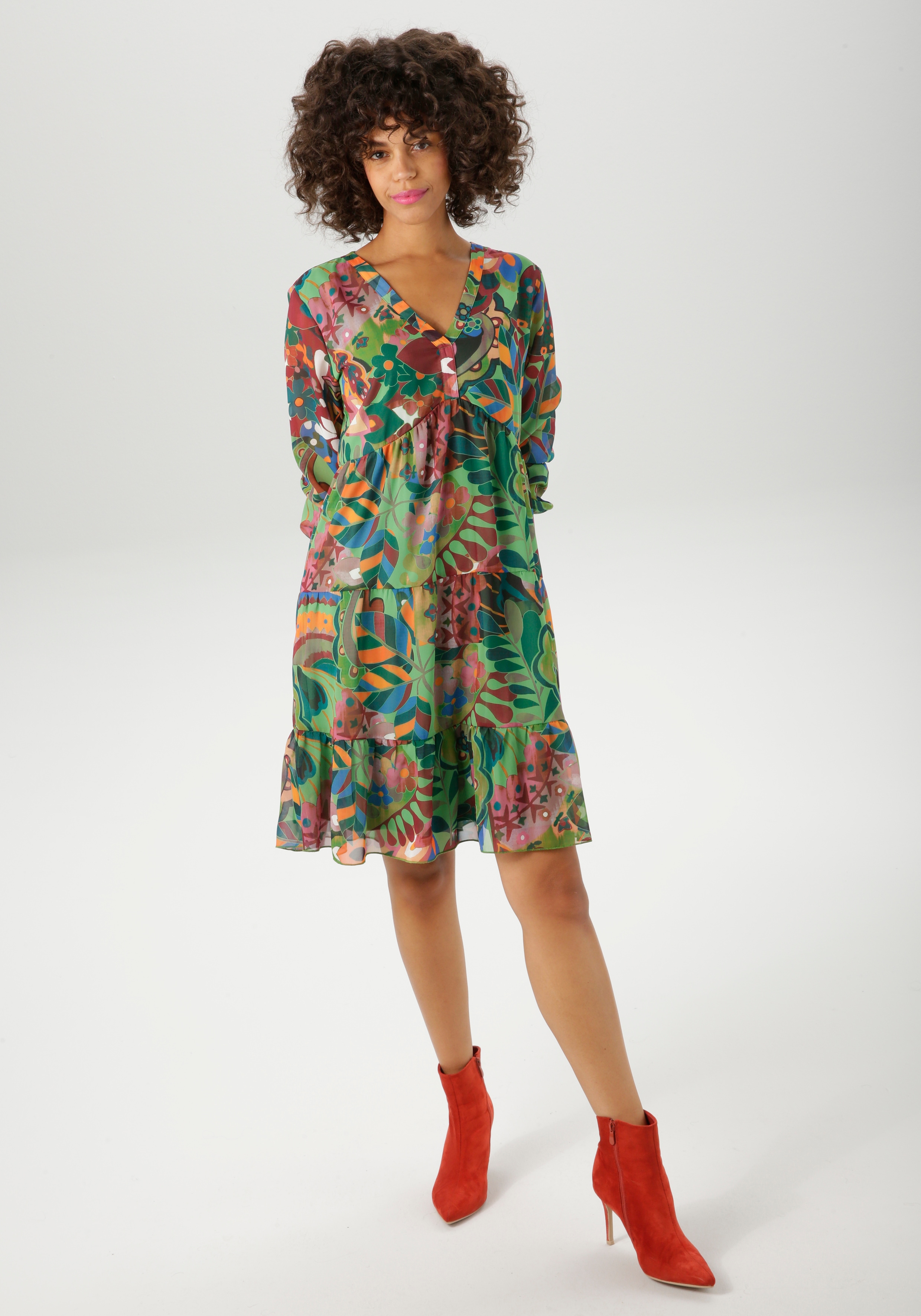 Tunikakleid ANISTON CASUAL, Damen, Gr. 46, N-Gr, rot (grün, orange, malve, bordeaux, blau, apricot, ocker, weiß, pink), Chiffon, Obermaterial: 100% Polyester. Futter: 100% Polyester, bedruckt, geblümt, figurumspielend kniefrei, V-Ausschnitt,...