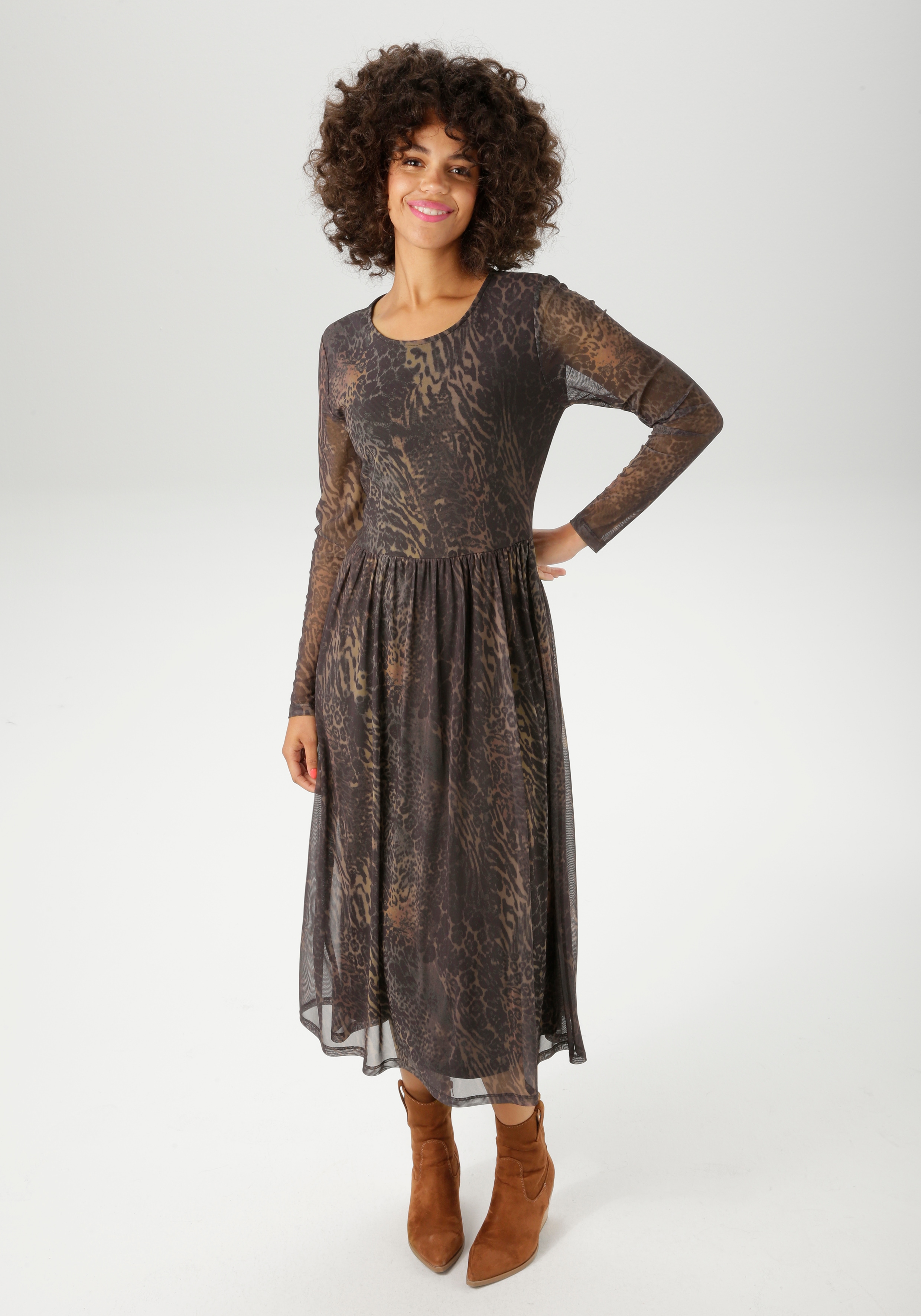 Midikleid ANISTON CASUAL, Damen, Gr. 42, N-Gr, grau (anthrazit, dunkelgrün, hellbeige, braun, taupe, zimt), Mesh, Obermaterial: 95% Polyester, 5% Elasthan. Futter: 100% Polyester, animal-print, bedruckt, figurumspielend wadenlang, Rundhals, Kleider...