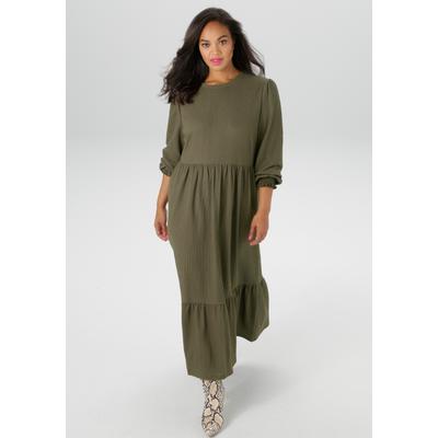 Jerseykleid ANISTON PLUS, Damen, Gr. 46, N-Gr, grün (khaki), Cru00eape, Obermaterial: 98% Polyester, 2% Elasthan, Strukturmuster, modisch, figurumspielend knöchelfrei, Rundhals, Smokbündchen, Kleider, in trendiger Farbpalette - NEUE KOLLEKTION
