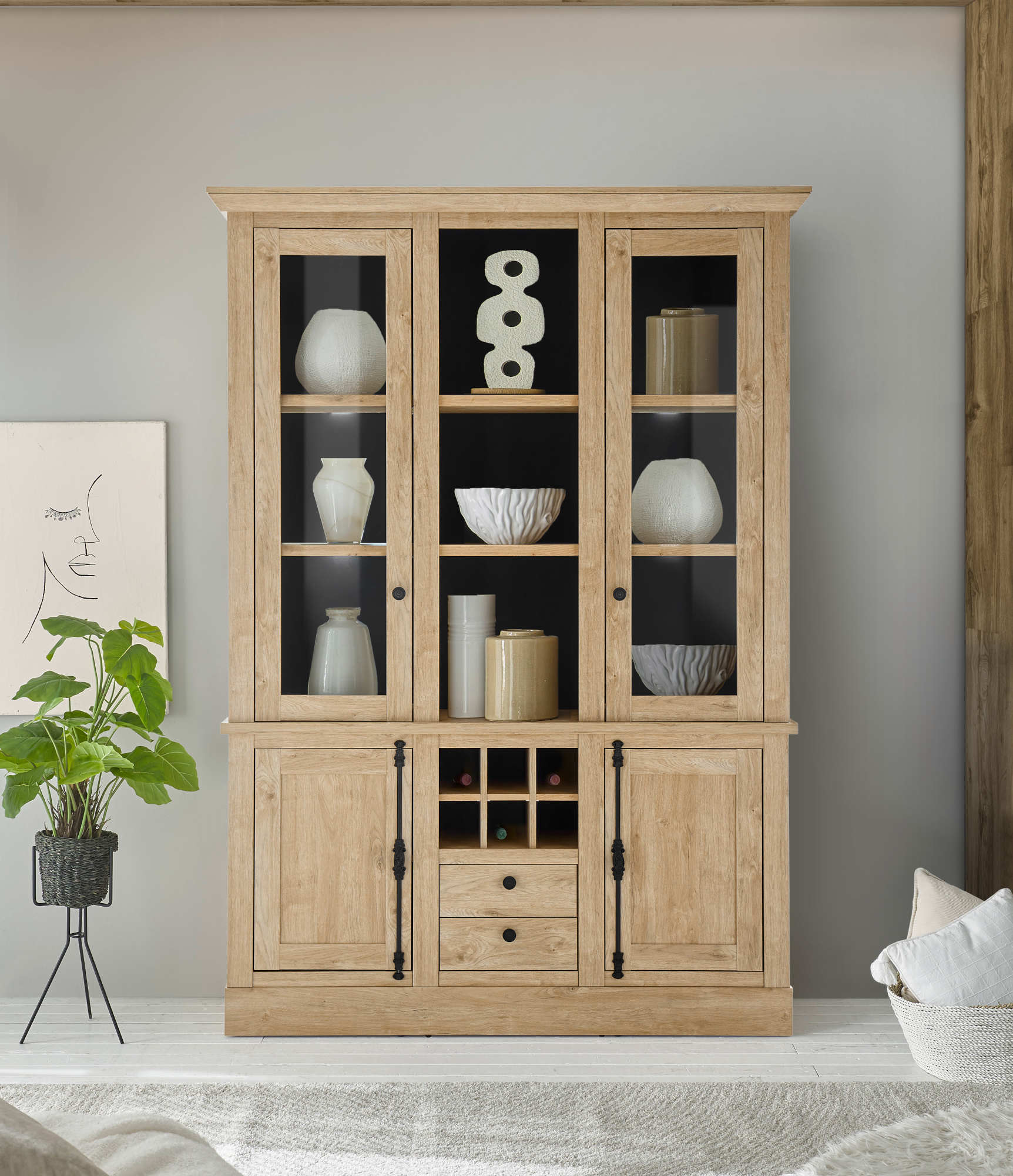 Buffetschrank 147 cm mit Flaschenregal Eiche gebürstet Optik Cardiff