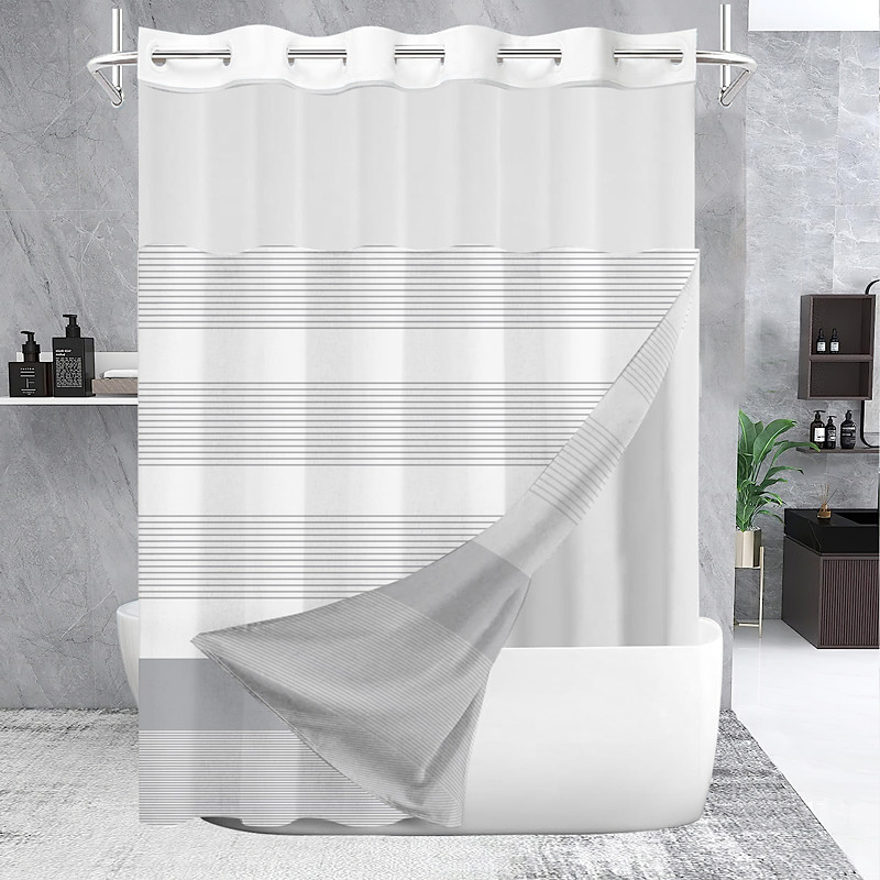 No Hook Geometry Striped Shower Curtain With Snap-in Fabric Liner Sheer Top Window Waterproof Double Layer Bathtub curtain