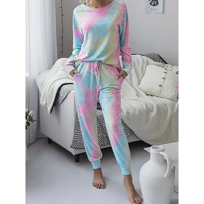 Women's Pajama Set Casual Comfort Tie Dye Elastic Waist T Shirt Pant Home Daily Long Sleeve Crew Neck Pink Blue Green Rainbow Gray Summer Spring Fall Regular Fit