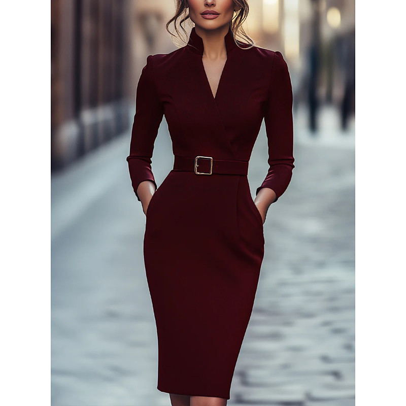 Black Column Cocktail Dresses Elegant Formal Wedding Guest Tea Length Long Sleeve Shirt Collar Belt / Sash Stretch Crepe with Slit